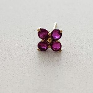 SINGLE  Earring 14KT. Yellow Gold Genuine Ruby 4 Leaf Clover Earring.